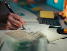 Hand writing in notebook with calculator and cash.